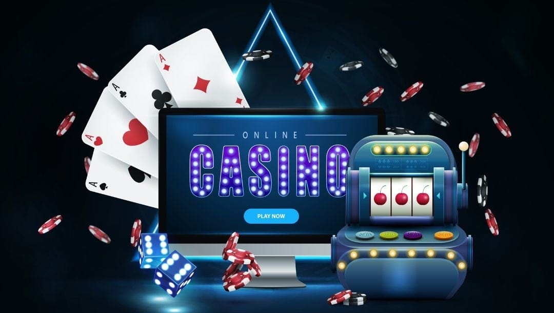 A vector image of a computer screen showing an online casino surrounded by poker chips, a slot machine, dice, and playing cards.