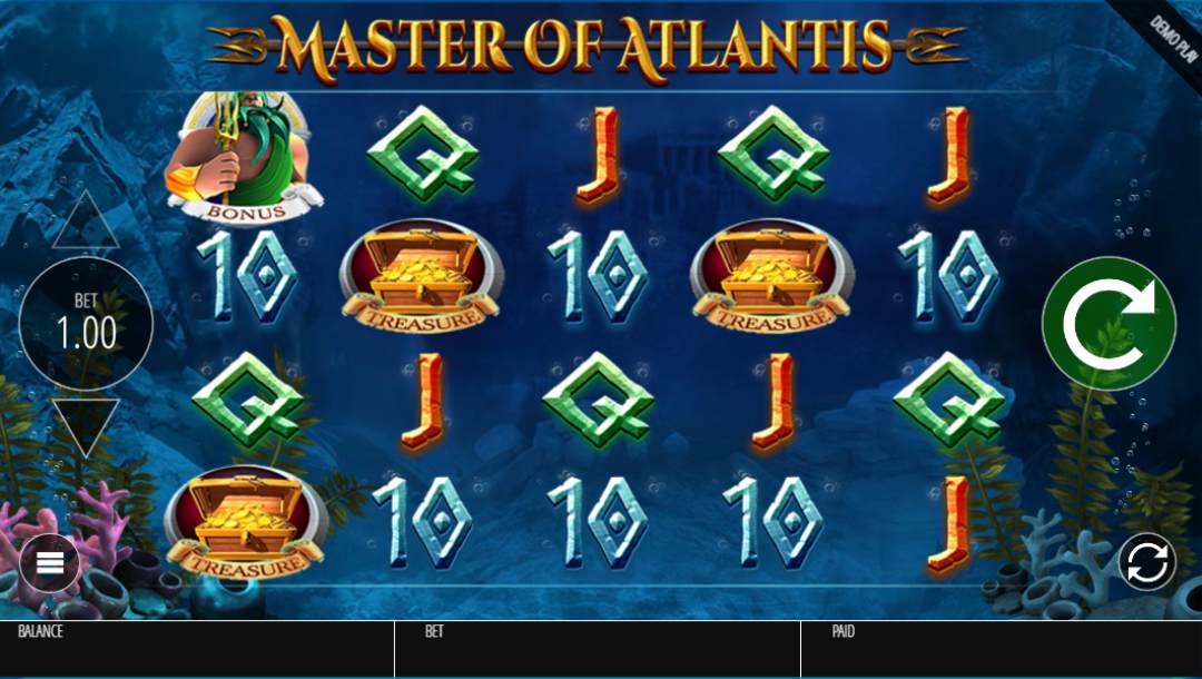 Masters of Atlantis online slot game screen.