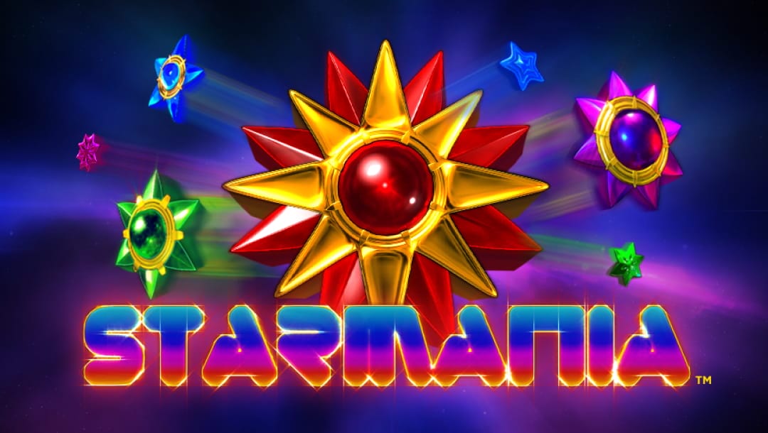 The Starmania online slot game start screen, featuring the Starmania logo in blue, purple and orange. There are huge star symbols above the logo in green, gold, and red.