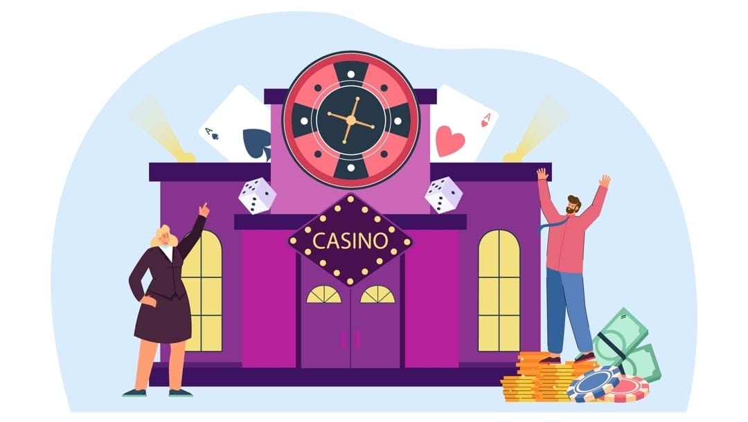 Cartoon drawing of people outside casino building with poker chips, coins, banknotes, cards, and roulette.