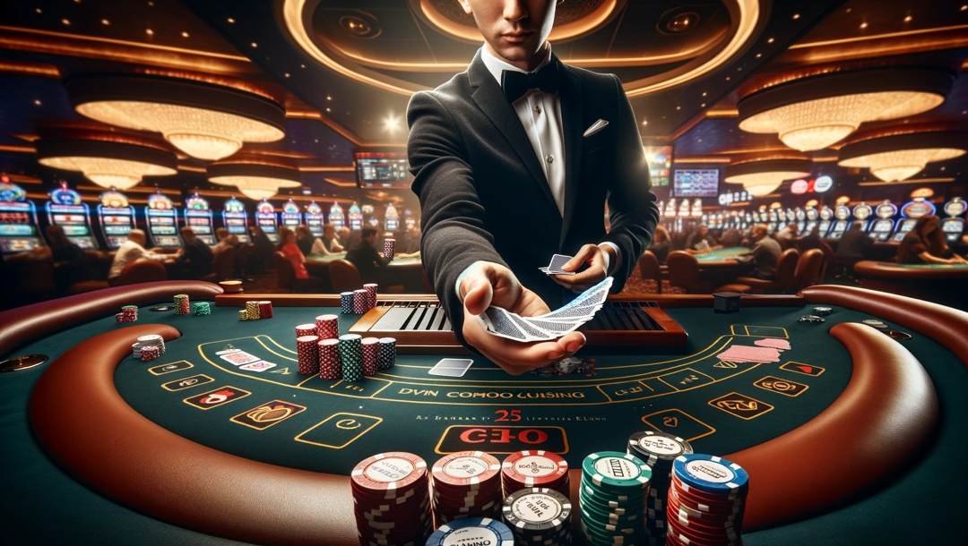 Close-up of a croupier's hands dealing cards on a casino table with chips in the foreground.