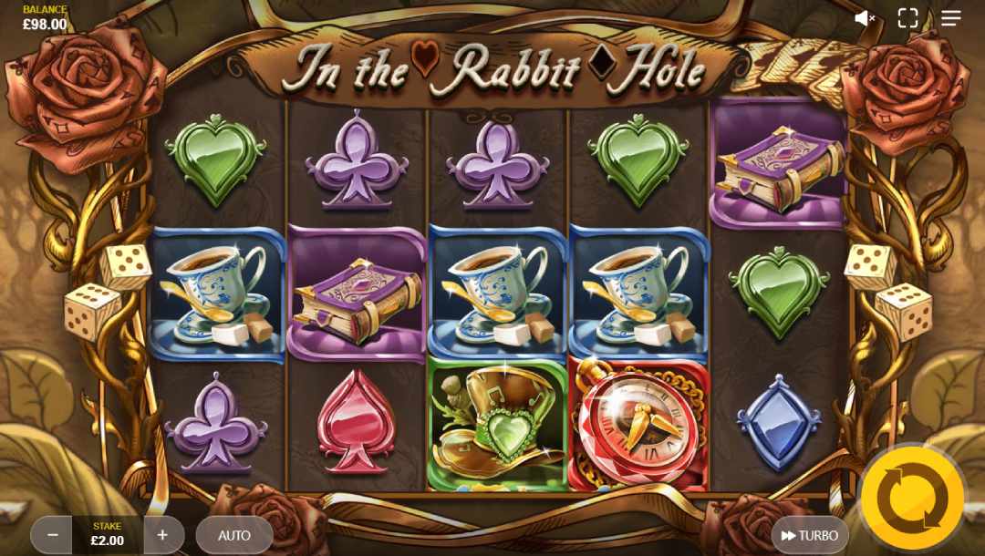 In The Rabbit Hole payline with Alice In Wonderland-inspired symbols.
