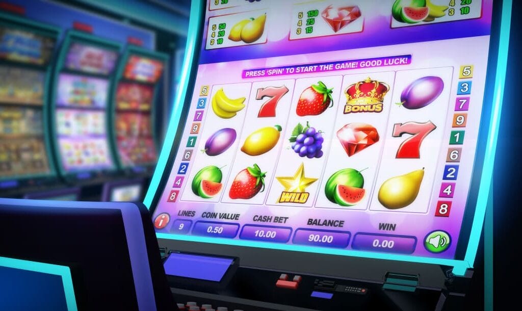 a video slot machine in a casino with other slot machines blurred in the background