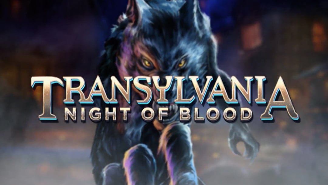 The title screen for Transylvania: Night of Blood. In the background, a werewolf reaches forward with one hand while wandering through the streets of a Victorian town at night. In the foreground is the game title “Transylvania: Night of Blood” in a gold font with blue and black highlights.