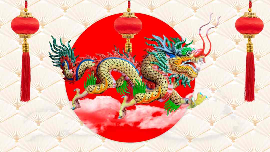 A Chinese Dragon with red Chinese lanterns on a cream background.