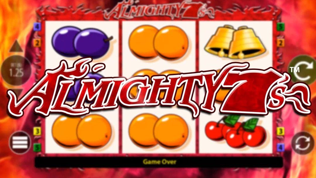 A screenshot of the Almighty Sevens title from the White Hat promotional video. The game title is visible in front of the slot reel.