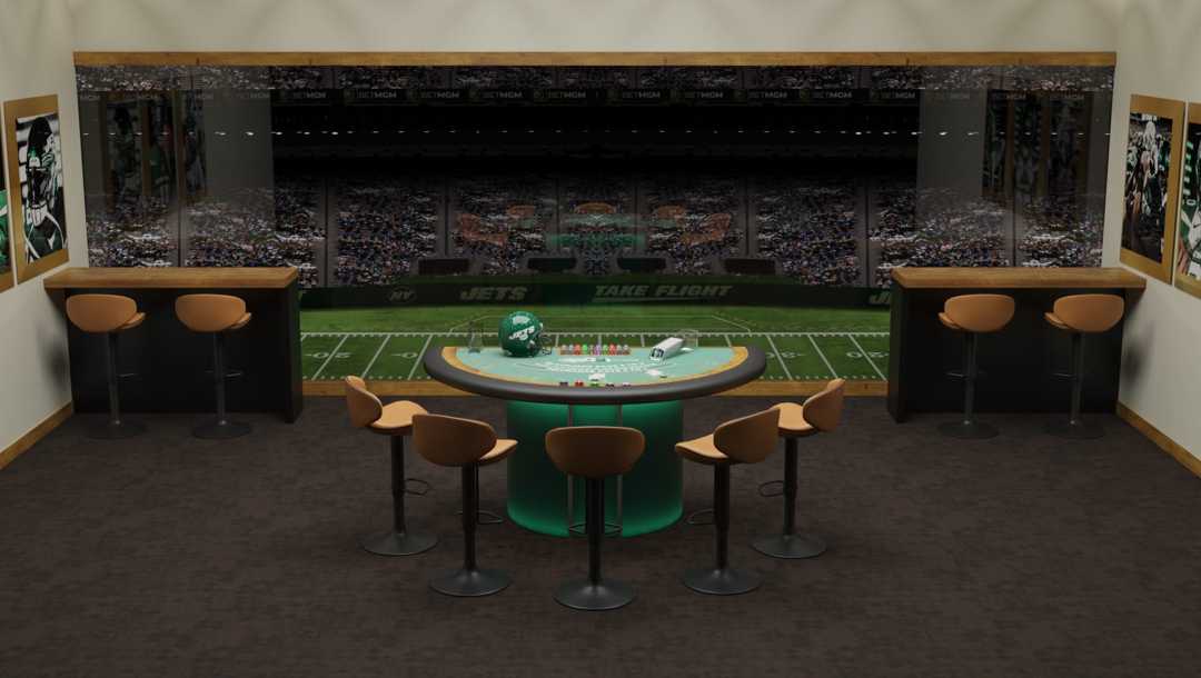 The New York Jet Blackjack game table set inside a 3D rendered suite at the MetLife Stadium.