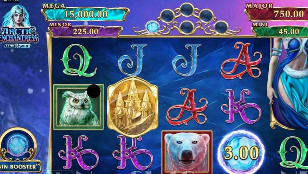 A close-up of the reels for the online slot game Artic Enchantress with a polar bear, owl, and enchantress on the reels.
