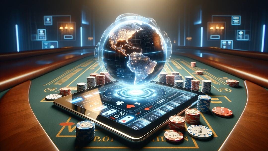 Baccarat table surrounded by casino chips with a digital globe projected from an electronic tablet screen