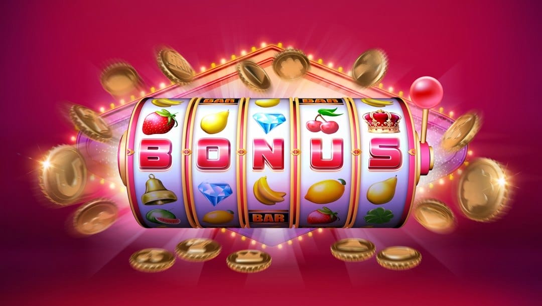 Close up of a slot machine wheel spelling out the word BONUS