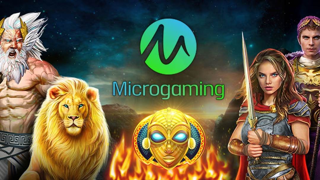Microgaming casinos logo surrounded by online slot imagery