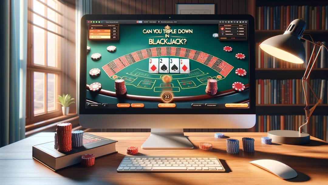 Online blackjack game displayed on a computer screen, surrounded by casino chips