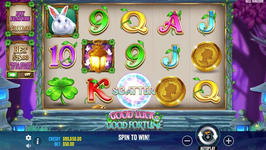 Good Luck & Good Fortune online slot game screen.