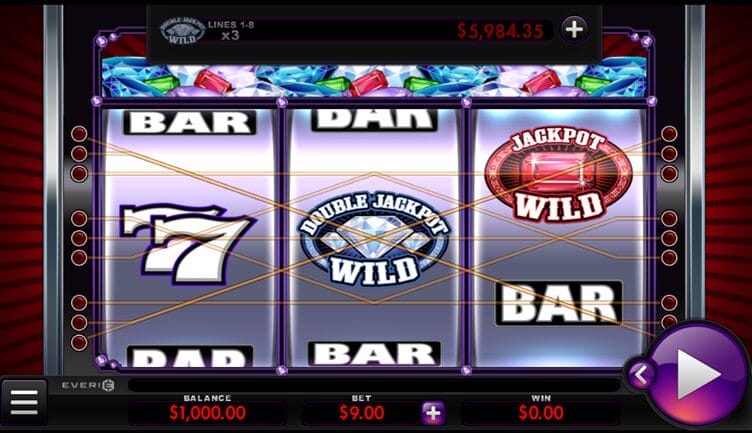 Screenshot of the Double Jackpot Gems grid format showing paylines and symbols like Bar, double 7s, Diamond Double Jackpot Wild, and Ruby Jackpot Wild.