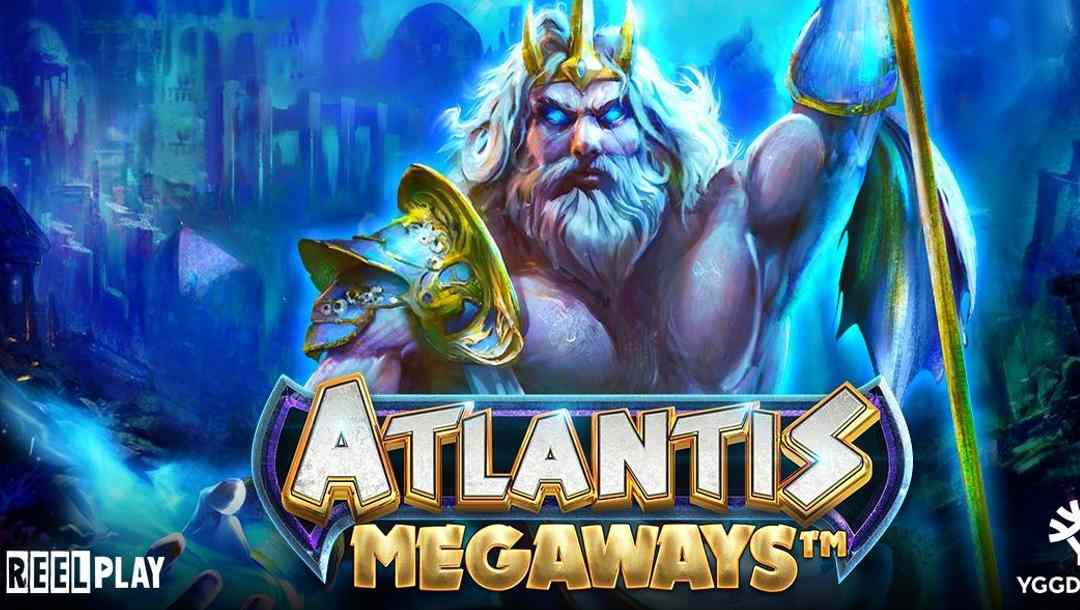 Poseidon and his trident on the title screen of Atlantis Megaways online slot.