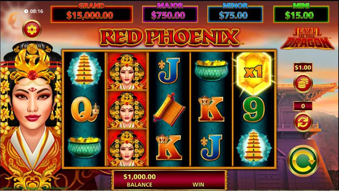 Screenshot of the Jewel of the Dragon Red Phoenix casino game screen, revealing vibrant and colorful graphics.