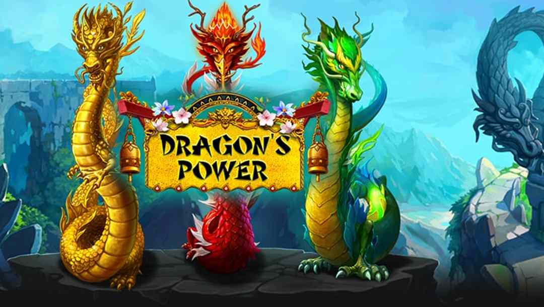 Three dragons stand with a Dragon’s Power sign in front of a beautiful mountain background and a dragon statue to the right.