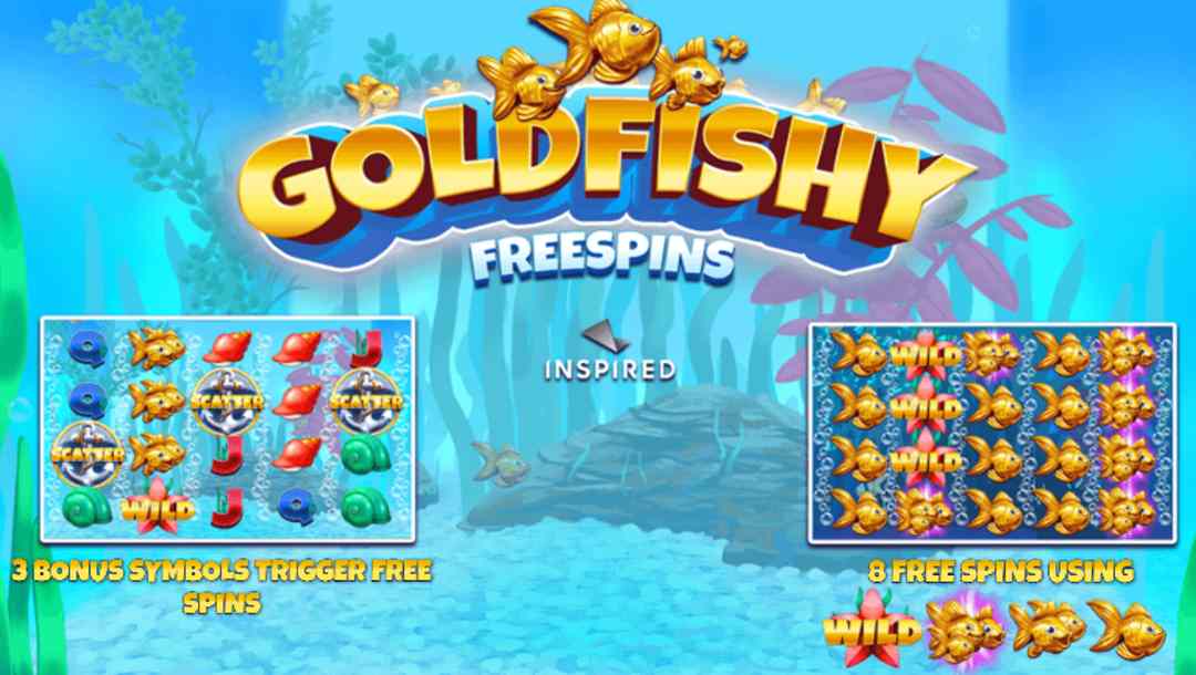 The title screen for Gold Fishy Free Spins online slot explaining the scatter symbols and bonus feature.