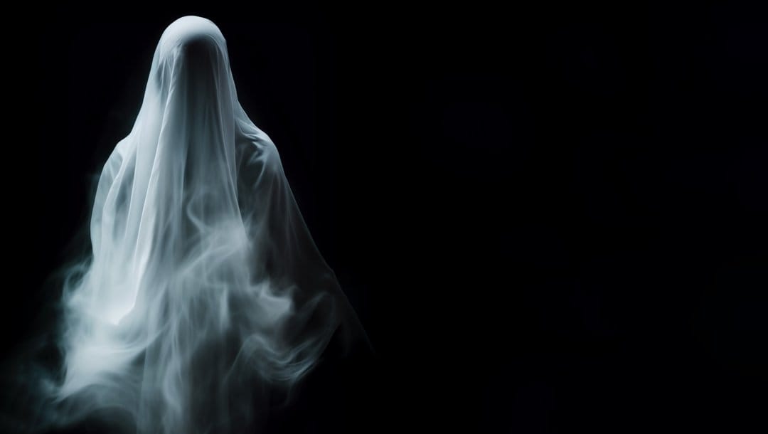 A ghostly figure floating against a black background.