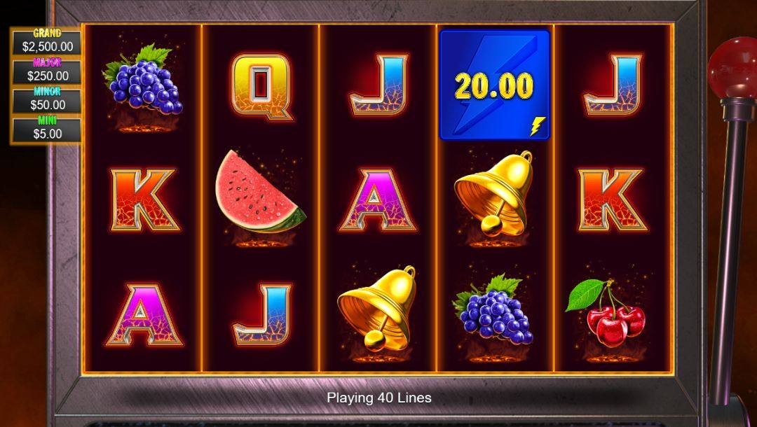 Screenshot of Lightning Blaze online casino game, showing the different symbols and game play.