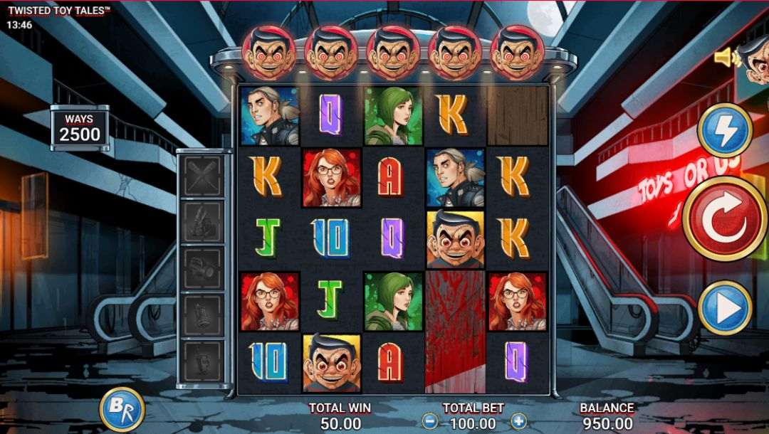Screenshot of Twisted Toy Tales online slot game, showing game graphics.