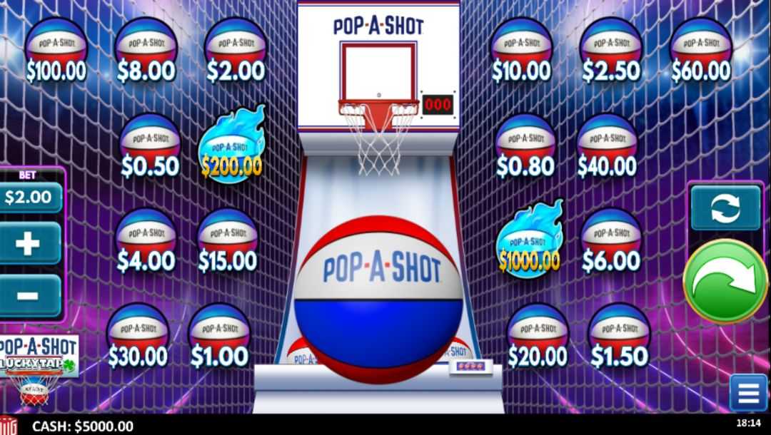 Screenshot of Pop-a-Shot LuckyTap online slot game, showing gameplay.