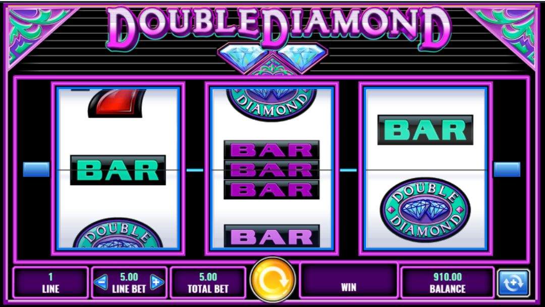 Screenshot of Double Diamond online slot game showing spinning reels and symbols.