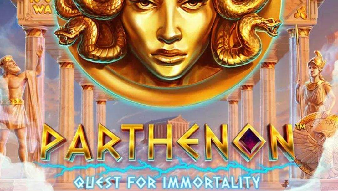 Screenshot of Parthenon: Quest for Immortality online casino game, showing the game name, and Greek themed Gods and imagery.