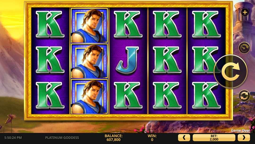 Screenshot of the Platinum Goddess online casino game, showcasing the game interface and graphics.