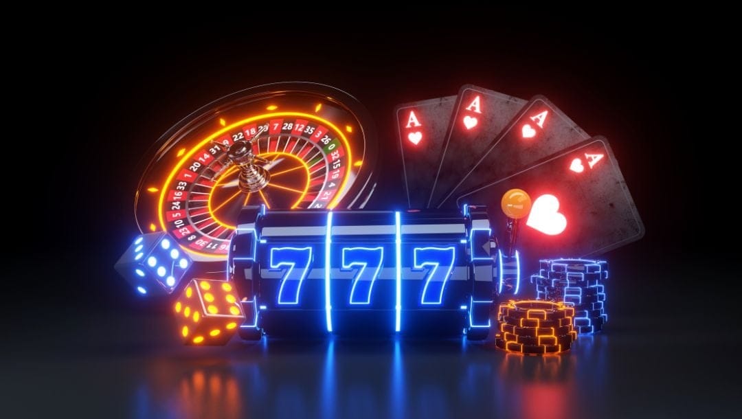 A neon slot reel surrounded by a roulette wheel, playing cards, poker chops, and dice.