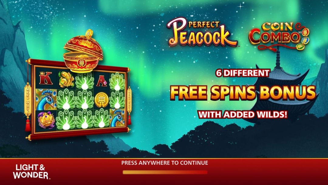 Screenshot of the game’s home screen with a starry night sky, a silhouetted forest, and an ancient East-Asian building in the background, as well as a description of the free spins bonus.