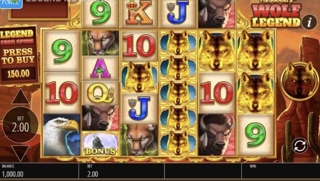 Normal reel spin of Wolf Legend Megaways Jackpot Royale by White Hat.