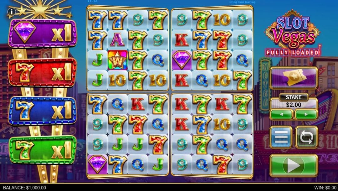 A screenshot of the reels in Slot Vegas Fully Loaded. There are various classic symbols, as well as gems and a multicolored wild symbol.