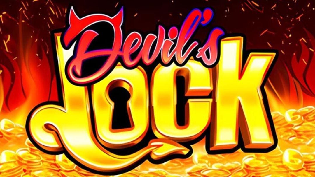 The Devil’s Lock logo against a background of a pile of gold coins in a fiery pit.