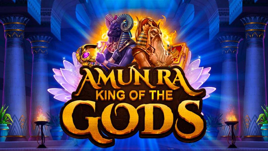 The title screen of Amun Ra King of the Gods, the online slot game by Wizard Games.