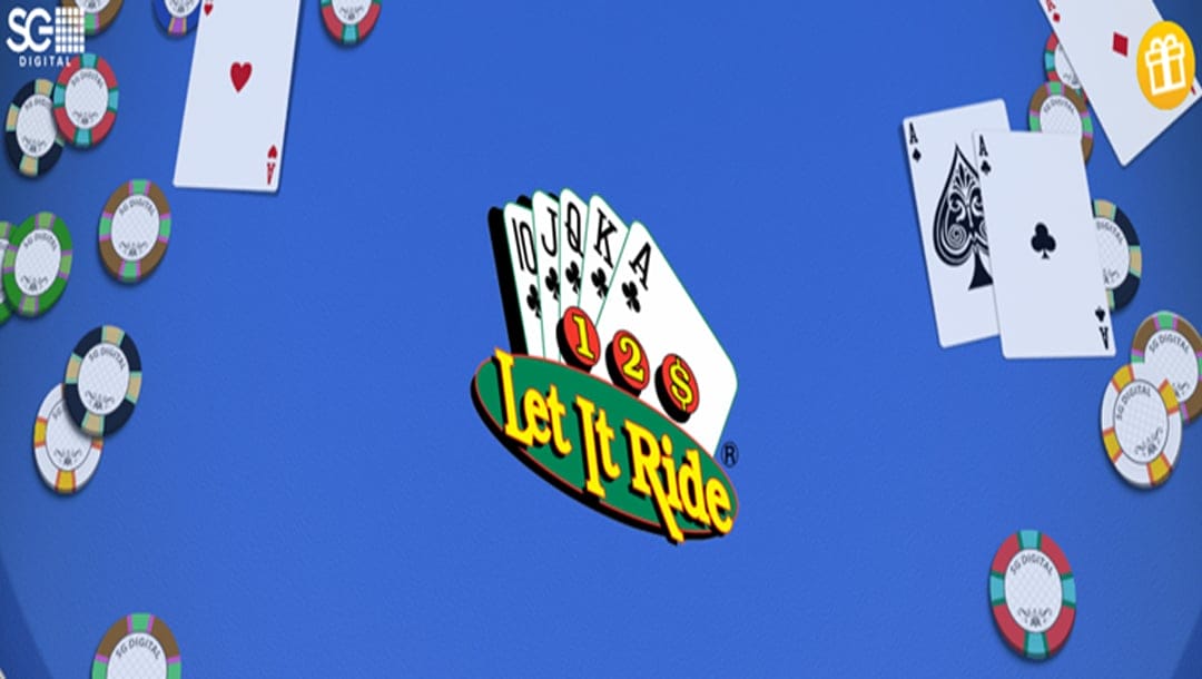Home screen of Let It Ride, showing the game's logo as well a card hand of a 10, jack, queen, king, and ace. The background is blue, with poker chips and cards scattered on the sides.