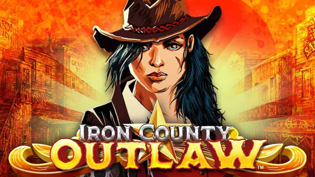 The title screen of Iron County Outlaw online slot with a gunslinger in the center.