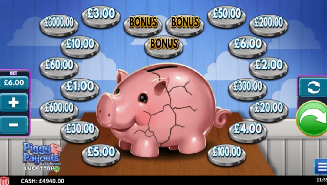 Piggy Payouts Bank Buster casino game screen with money values.