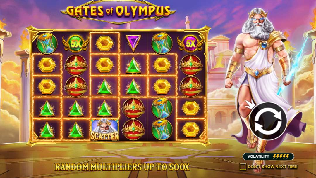Gates of Olympus casino game with Zeus on the right-hand side.