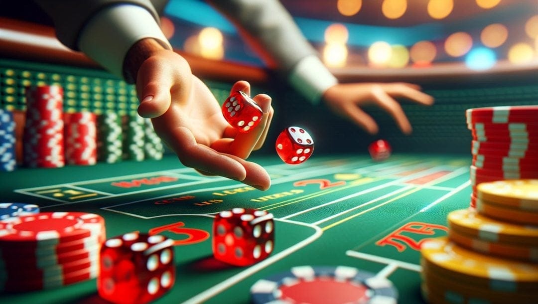 A close-up image showing a player's hands rolling dice on a craps table, with chips and cash foregrounding the action.