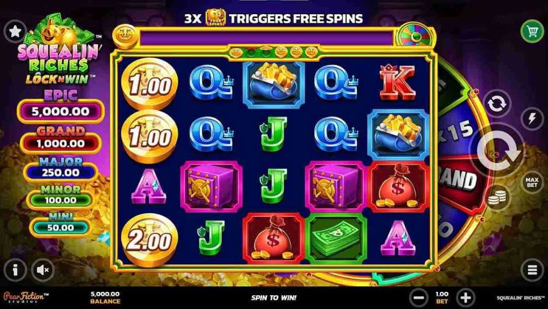 Squealin’ Riches casino game base game screen.
