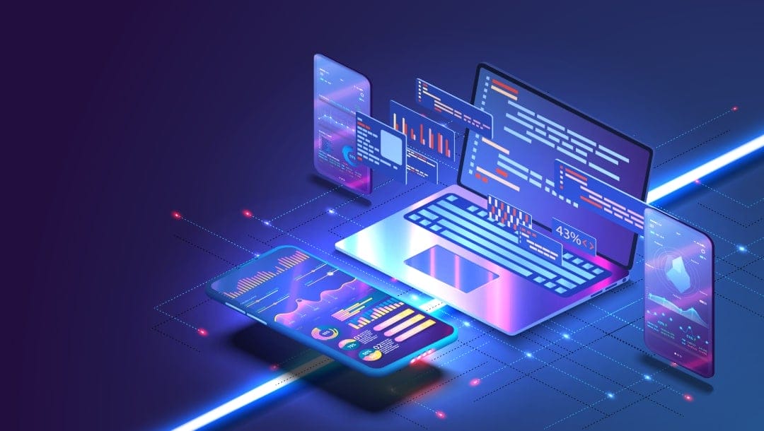 A futuristic digital workspace with a stylized laptop at the center, surrounded by floating screens and mobile devices displaying data charts, code, and analytics dashboards. The glowing interface elements use vibrant purple, blue, and pink hues, emphasizing a tech-forward and data-driven theme. The background is a sleek, dark gradient with a grid pattern and illuminated data nodes.