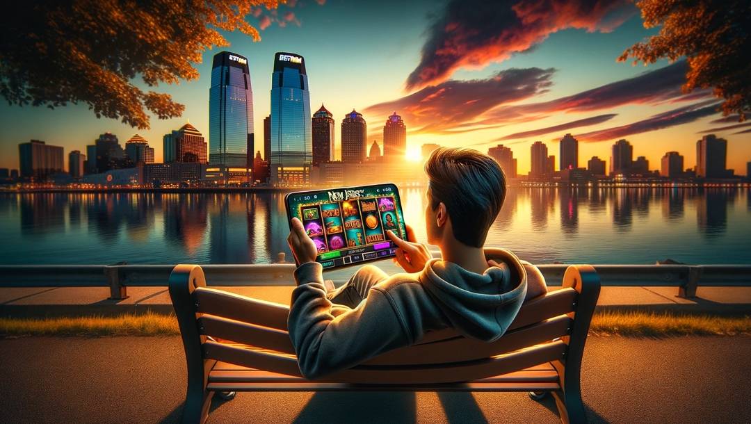 A person on a bench against the New Jersey skyline at dusk, playing online casino games on a smartphone