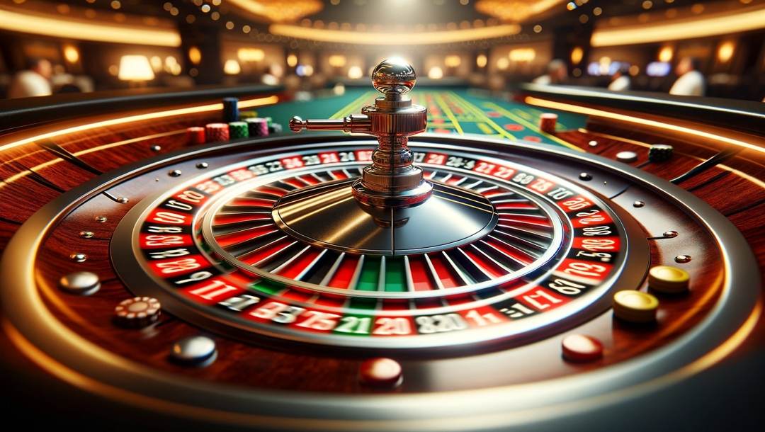 Close-up of a spinning roulette wheel with colorful numbers and a blur effect, set in a softly lit casino ambiance.