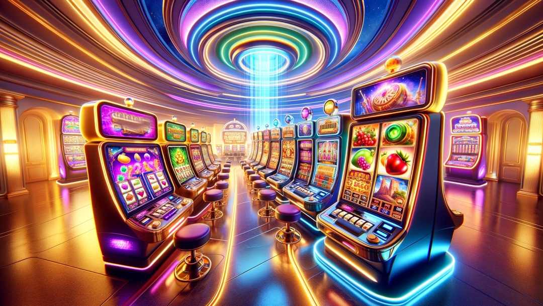 Slot machines with bright screens displaying fruit and jewel symbols in a blurred casino background