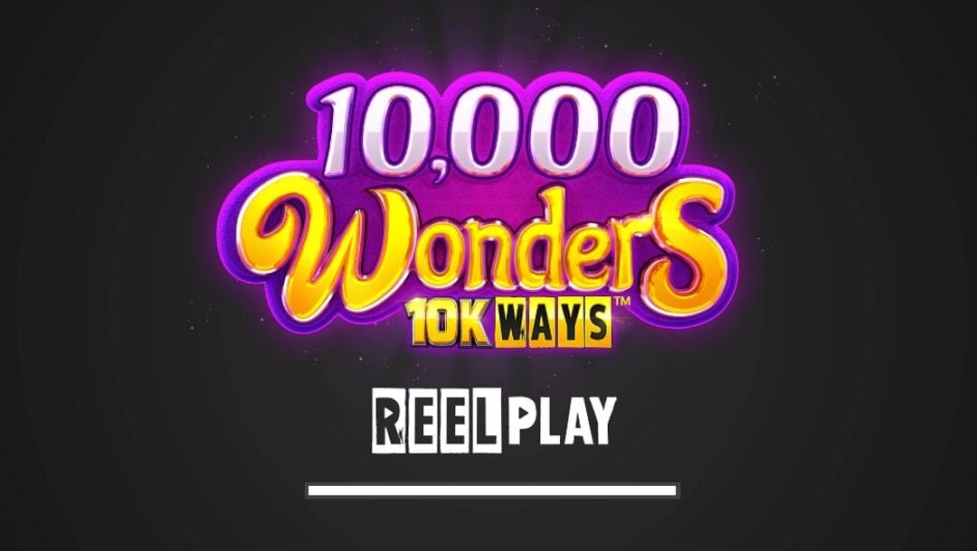 The words “10,000 Wonders 10K Ways” appear against a black background in white and yellow, with a purple outline. Below is the black and white “ReelPlay” logo.