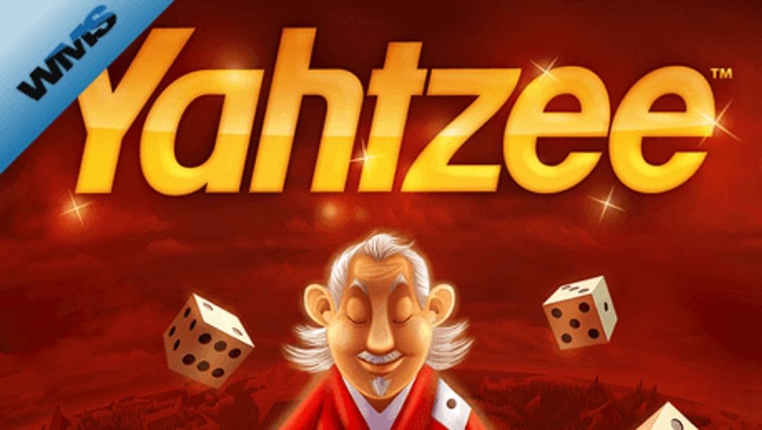 Screenshot of the Yahtzee online slot game loading screen, featuring an old man surrounded by swirling dice and a bright red background.
