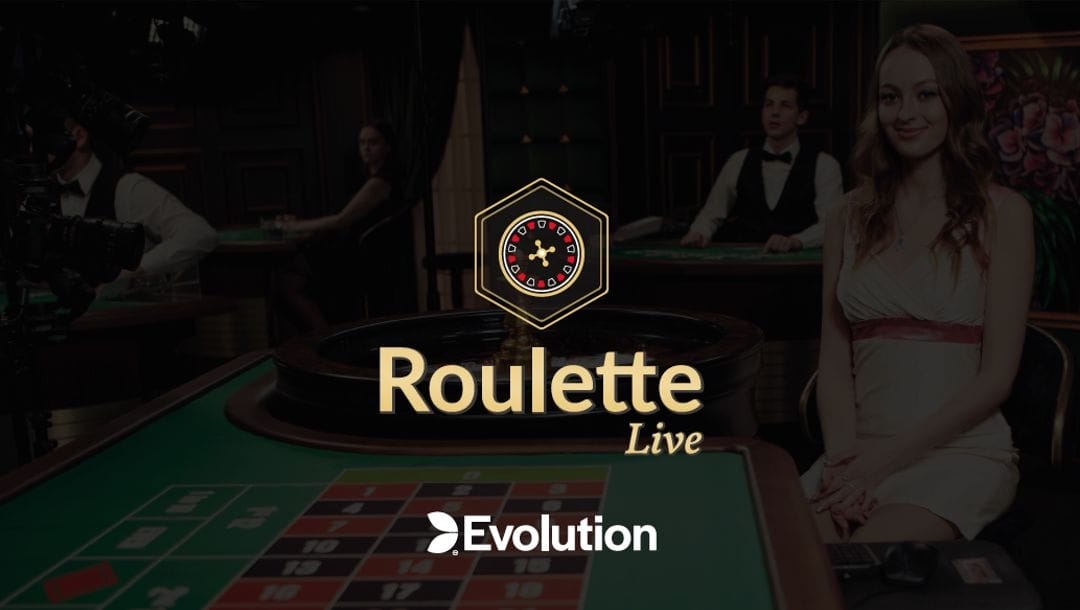 “Roulette Live” gaming logo by Evolution featured in front of a room of dealers sitting at casino tables.