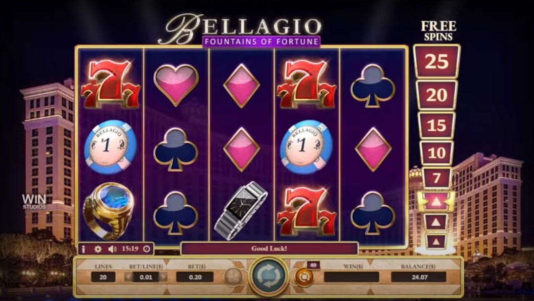 The Bellagio Fountains of Fortune slot reels set against the Bellagio. The reels contain a variety of symbols, including luxury watches, gold rings, dice, casino chips, and piles of cash.