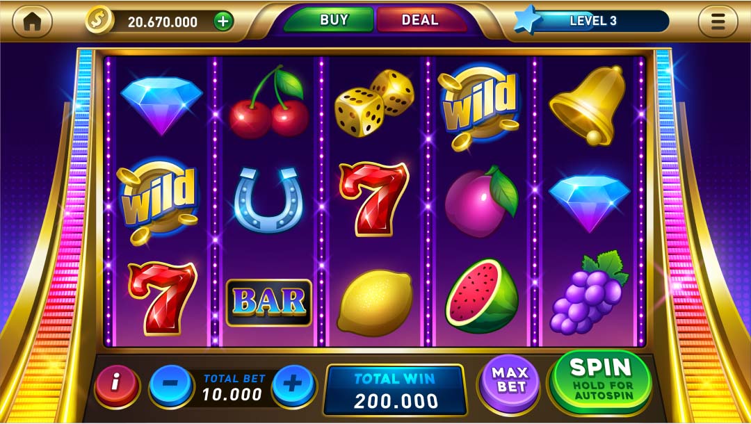 A futuristic slot with rainbow-colored lights alongside the reels. The reels contain a variety of symbols, including diamonds, fruit, wild, BAR, and 7 symbols.